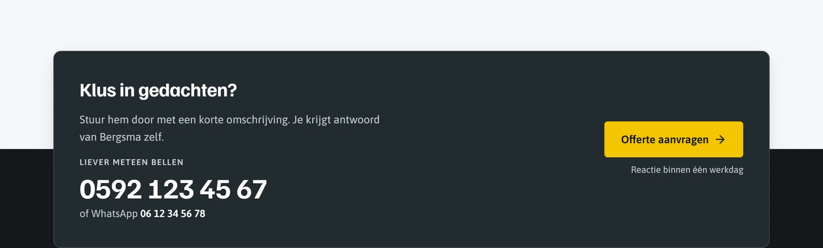 Schermafbeelding uit de demo van template Signaal: het contactblok met belknop van voorbeeldklant Bergsma Klus & Onderhoud