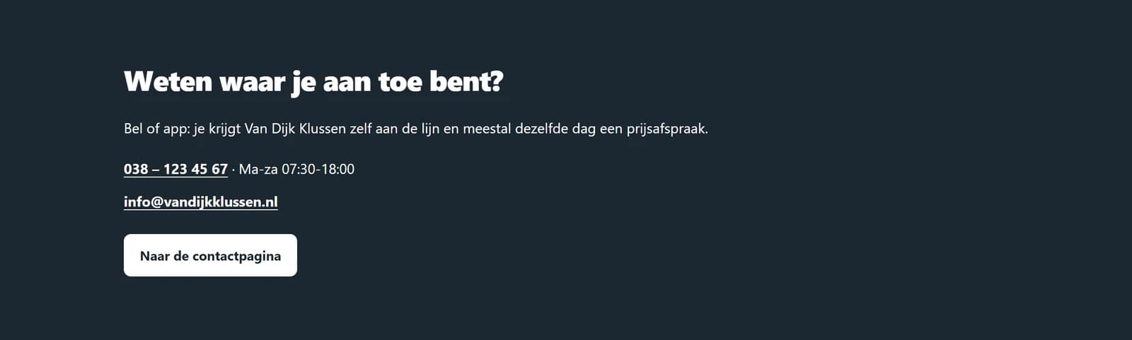 Schermafbeelding uit de demo van template Vakman: het contactblok met belknop van voorbeeldklant Van Dijk Klussen