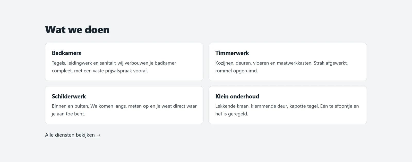 Schermafbeelding uit de demo van template Vakman: de dienstensectie van voorbeeldklant Van Dijk Klussen
