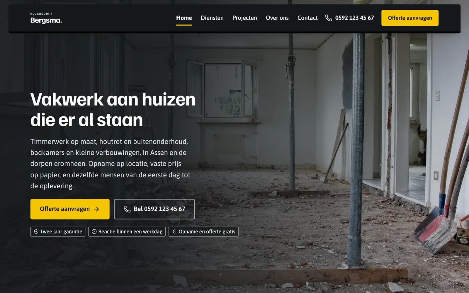 Schermafbeelding uit de demo van template Signaal: de homepage van voorbeeldklant Bergsma Klus & Onderhoud