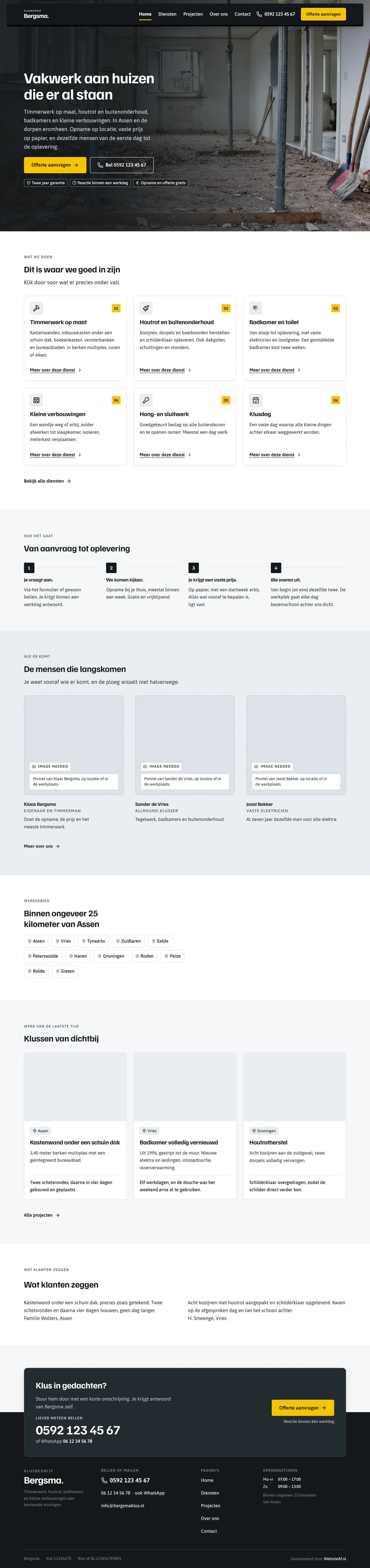Schermafbeelding uit de demo van template Signaal: de homepage van voorbeeldklant Bergsma Klus & Onderhoud