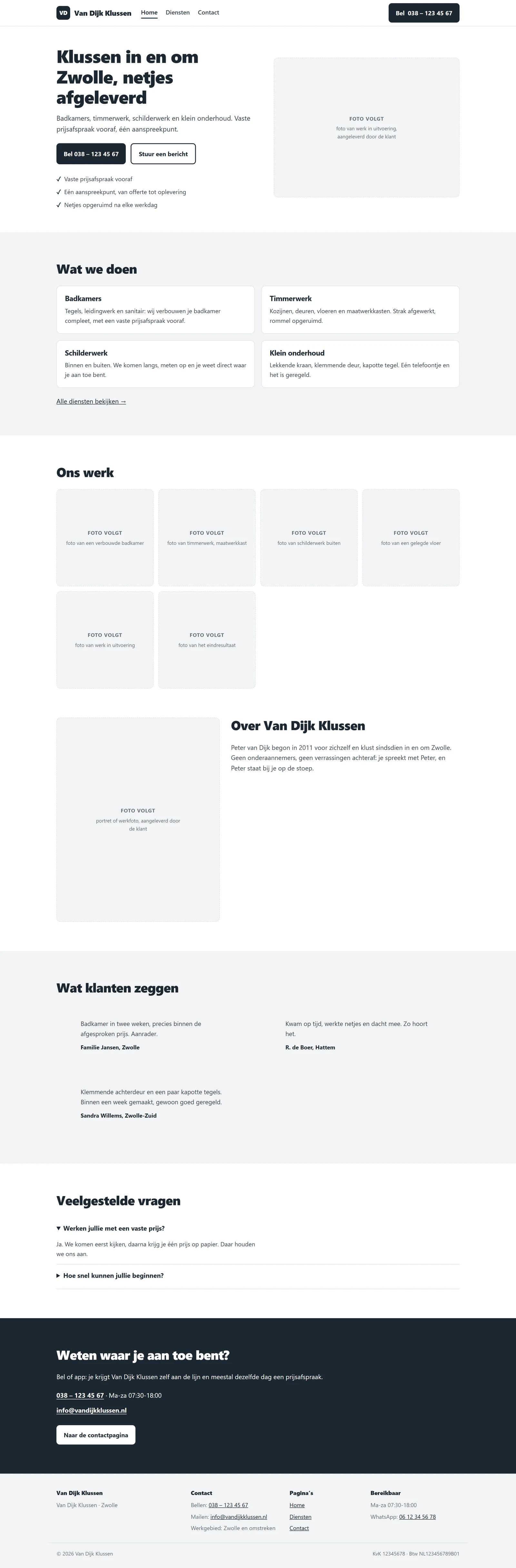 Schermafbeelding uit de demo van template Vakman: de homepage van voorbeeldklant Van Dijk Klussen